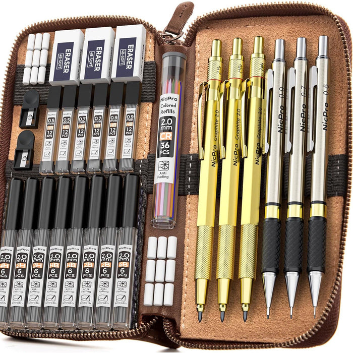 Nicpro 29PCS Art Mechanical Pencils Set in Leather Case, Gold Metal Drafting Pencil 0.5, 0.7, 0.9 mm, 2mm Lead Pencil Holders for Sketching Drawing With 15 Tube (4B 2B HB 2H 4H & Colored)Lead Refills