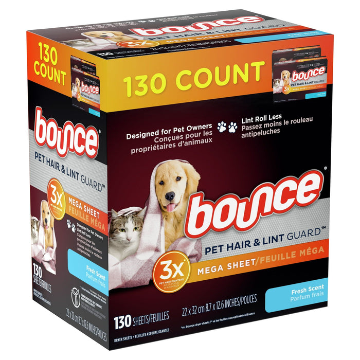 Bounce Pet Hair and Lint Guard Mega Dryer Sheets with 3X Pet Hair Fighters, Fresh Scent, 130 Count