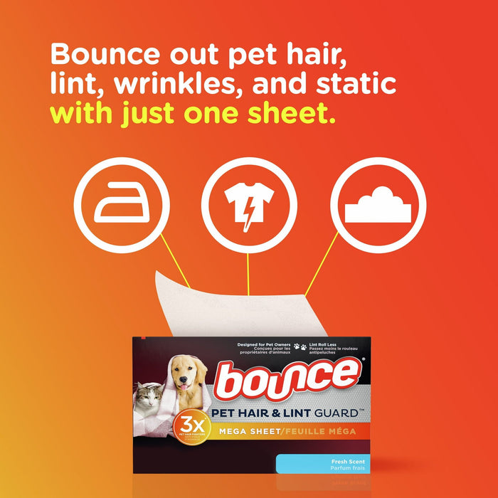 Bounce Pet Hair and Lint Guard Mega Dryer Sheets with 3X Pet Hair Fighters, Fresh Scent, 130 Count