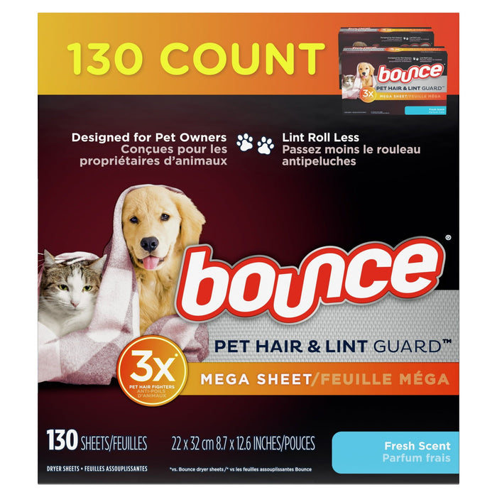 Bounce Pet Hair and Lint Guard Mega Dryer Sheets with 3X Pet Hair Fighters, Fresh Scent, 130 Count