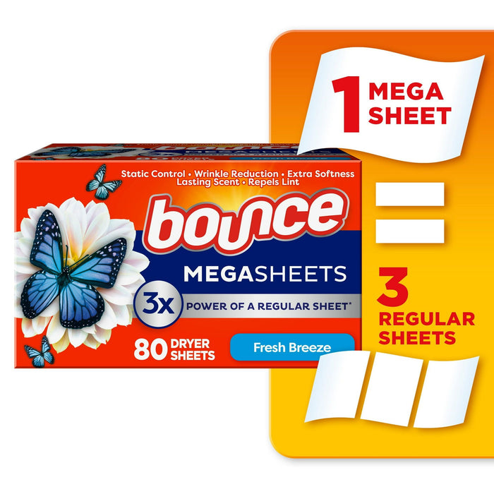 Bounce Mega Dryer Sheets, Fresh Breeze, 80 Count