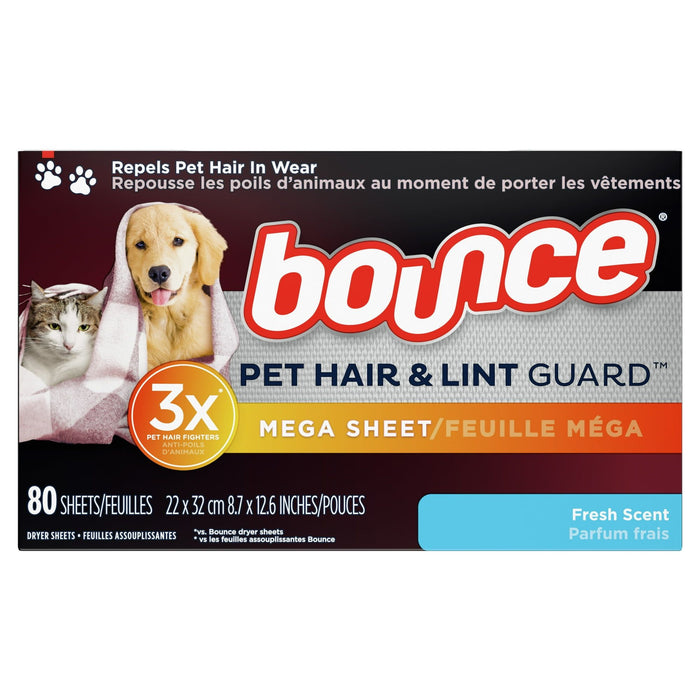 Bounce Pet Hair and Lint Guard Mega Dryer Sheets, Fresh Scent, 80 ct