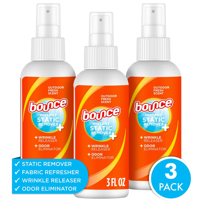 Bounce Anti Static Spray, 3 in 1 Instant Wrinkle Release, Odor Eliminator and Fabric Refresher Spray, Rapid Touch Travel Essential (3 Fl Oz, Pack of 3)