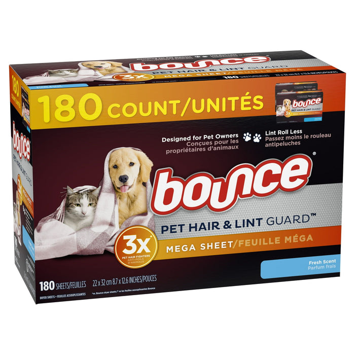 Bounce Pet Hair and Lint Guard Mega Dryer Sheets with 3X Pet Hair Fighters, Fresh Scent, 180 Count