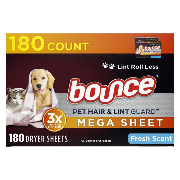 Bounce Pet Hair and Lint Guard Mega Dryer Sheets with 3X Pet Hair Fighters, Fresh Scent, 180 Count