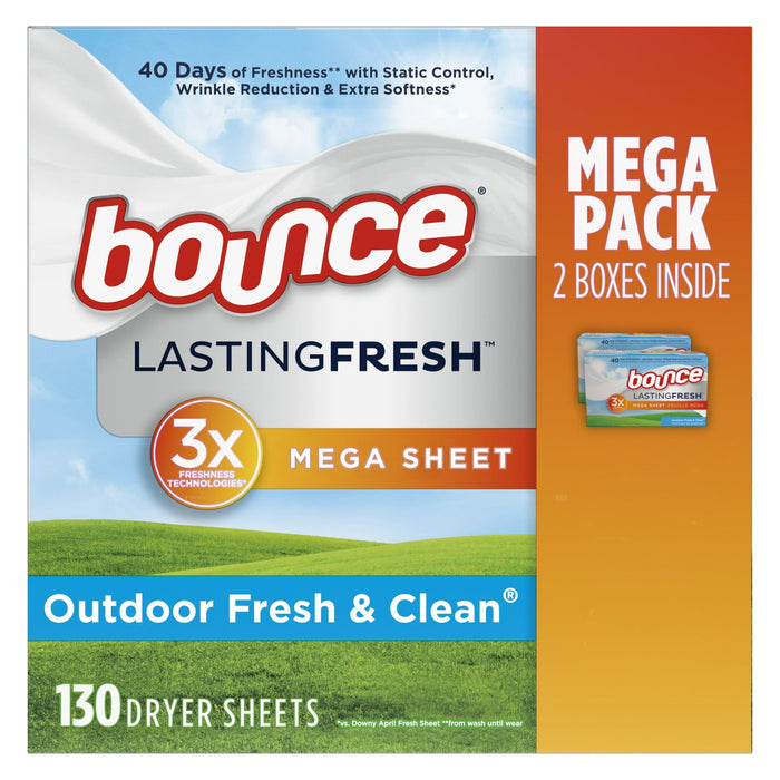 Bounce Lasting Fresh Mega Dryer Sheets, 130 ct, Outdoor Fresh & Clean Fabric Softener Sheets