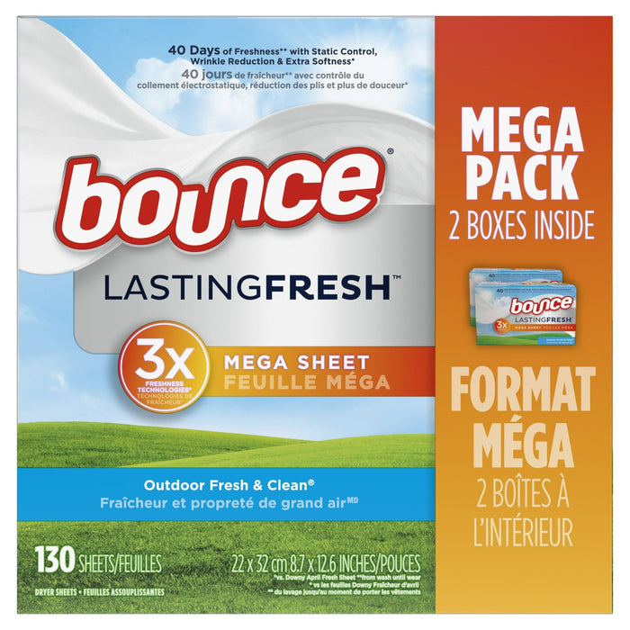 Bounce Lasting Fresh Mega Dryer Sheets, 130 ct, Outdoor Fresh & Clean Fabric Softener Sheets