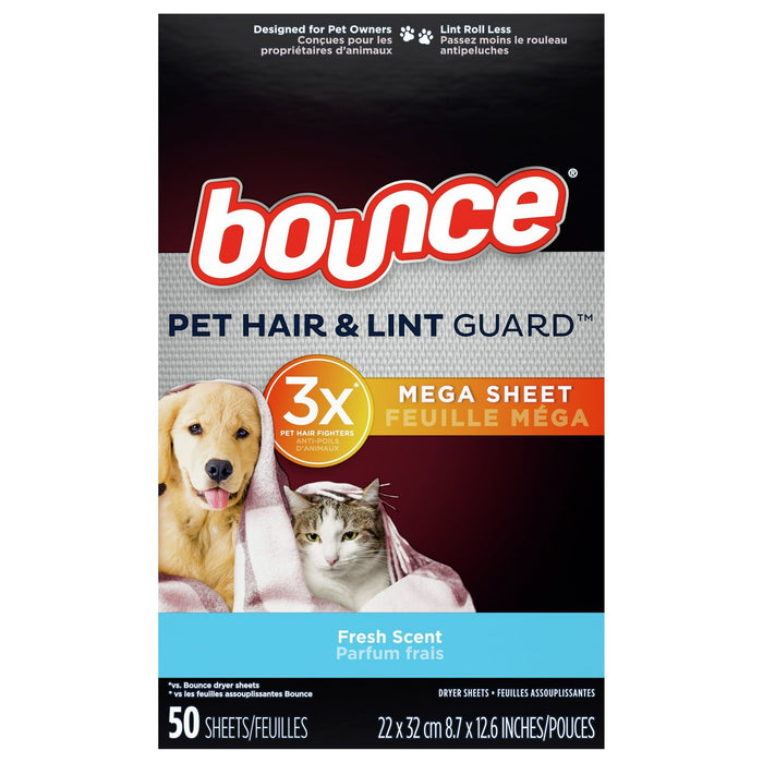 Bounce Dryer Sheets - Pet Hair & Lint Guard - Mega Sheet - Fresh Scent - 50 Count Sheets Per Box - One (1) Box