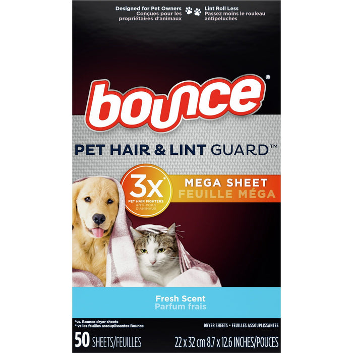 Bounce Dryer Sheets - Pet Hair & Lint Guard - Mega Sheet - Fresh Scent - 50 Count Sheets Per Box - One (1) Box