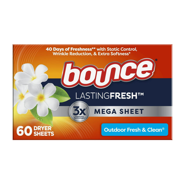 Bounce Lasting Fresh Mega Dryer Sheets, 60 Ct, Outdoor Fresh & Clean Fabric Softener Sheets