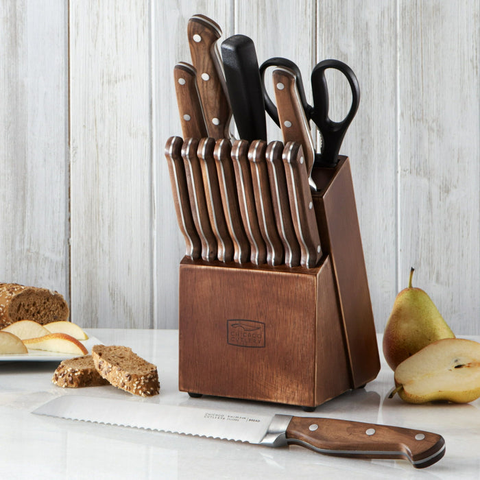 Chicago Cutlery Precision Cut 15-Piece Kitchen Knife Set with Wood Block, Kitchen Shears, and Sharpening Steel