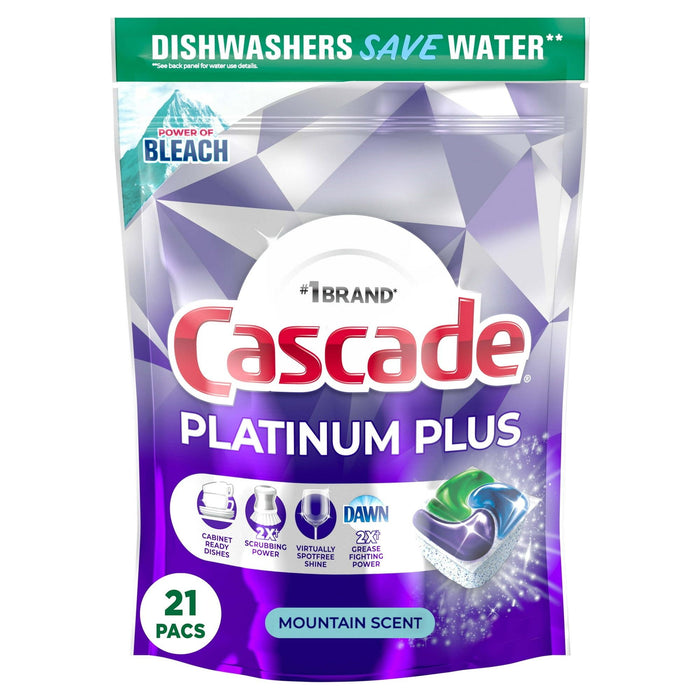 Cascade Platinum Plus Dish Detergent ActionPacs, Power of Bleach, Mountain Scent, 21 Count