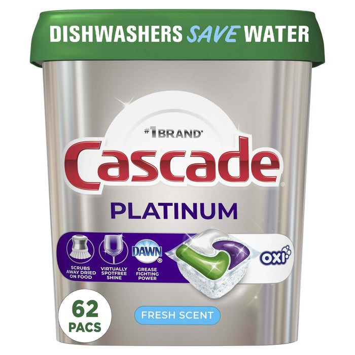 Cascade Platinum + Oxi Dishwasher Detergent Pods, Fresh Scent, 34.5 Ounce, 62 Count