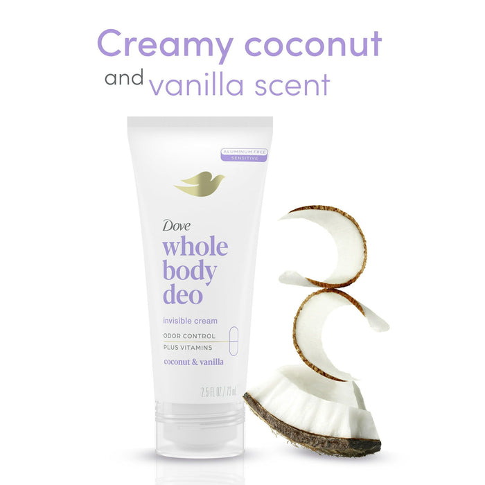 Dove Whole Body Women's Deodorant Invisible Cream Coconut & Vanilla Aluminum Free, 2.5 oz