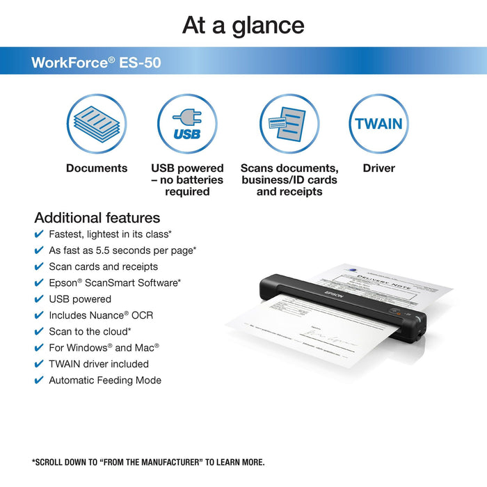 Epson WorkForce ES-50 Portable Sheet-fed Document Scanner for PC and Mac