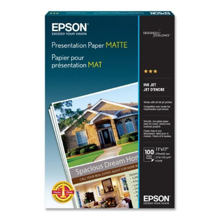 Epson Matte Presentation Paper 4.9 Mil, 11" x 17", 27 Lb (102 GSM), Bright White, 100 Sheets