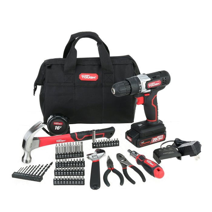 Hyper Tough 20V Max Lithium-Ion 3/8 inch Cordless Drill, 71-Piece Home Tool Set, 1.5Ah Lithium-Ion Battery & Charger, Bit Holder, & Storage Bag