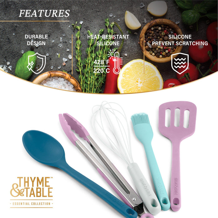 Thyme & Table Silicone Utensils, 5-Piece Set, Tongs, Basting Brush, Spatula, Turner, Spoon