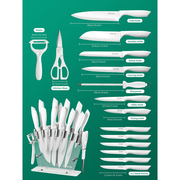 D.Perlla Knife Set 16 Pieces White Kitchen Knife Set with Acrylic Stand, High Carbon Stainless Steel, Non Stick Coated Knife Block Set, No Rust, Non Slip Handle, Sharp Knife