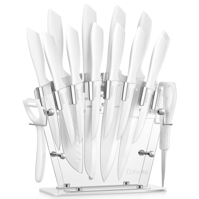 D.Perlla Knife Set 16 Pieces White Kitchen Knife Set with Acrylic Stand, High Carbon Stainless Steel, Non Stick Coated Knife Block Set, No Rust, Non Slip Handle, Sharp Knife