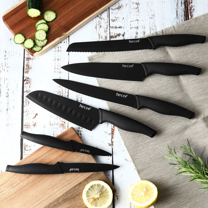 Hecef 6 Pcs Knife Set Black Oxide Japanese Chef Santoku Cooking Knife with Covers for Kitchen