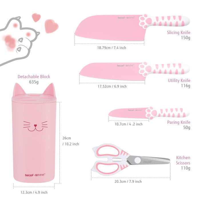 Hecef Cute Kitchen Knife Set with Block Scissors, 5-Piece Pink Cat Claw Sharp Chopping Chef Knives