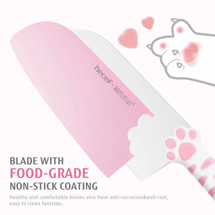 Hecef Cute Kitchen Knife Set with Block Scissors, 5-Piece Pink Cat Claw Sharp Chopping Chef Knives