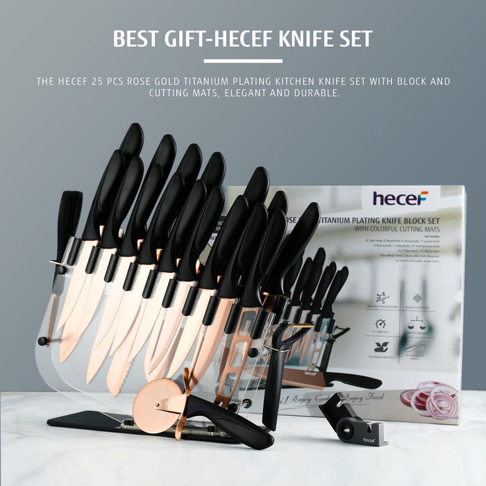 Hecef 25 PCS Kitchen Knife Set with Knife Block, Steak Knives, Cutting Boards, Titanium Plated Anti-Rusting Chef Knife