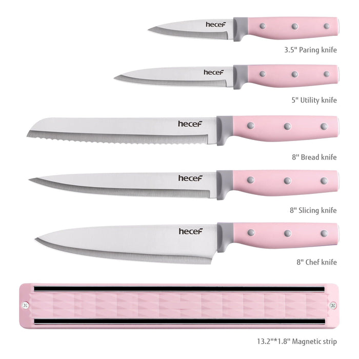 Hecef 5Pcs Kitchen Knife Set with 13 in Magnetic Strip, Pink Stainless Steel Sharp Chef Bread Utility Knives