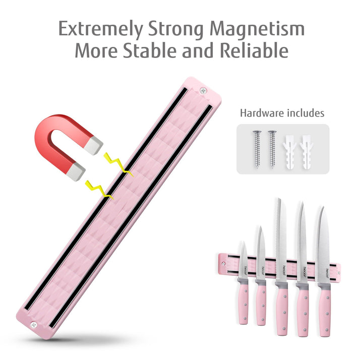 Hecef 5Pcs Kitchen Knife Set with 13 in Magnetic Strip, Pink Stainless Steel Sharp Chef Bread Utility Knives