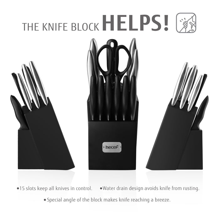 Hecef 15-Piece Kitchen Knife Set with Block, Razor Sharp Japanese Damascus Pattern Professional Chef Knife Set