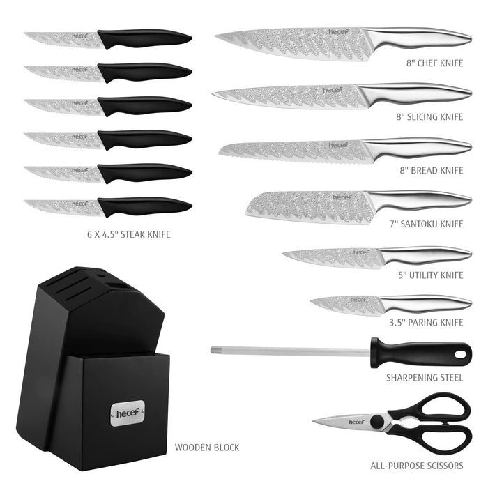 Hecef 15-Piece Kitchen Knife Set with Block, Razor Sharp Japanese Damascus Pattern Professional Chef Knife Set