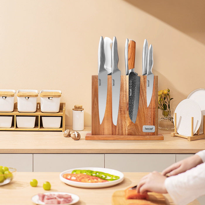 Hecef Powerful Magnetic Knife Block, Acacia Wood Double Side Magnet Kitchen Knife Holder Without Knives