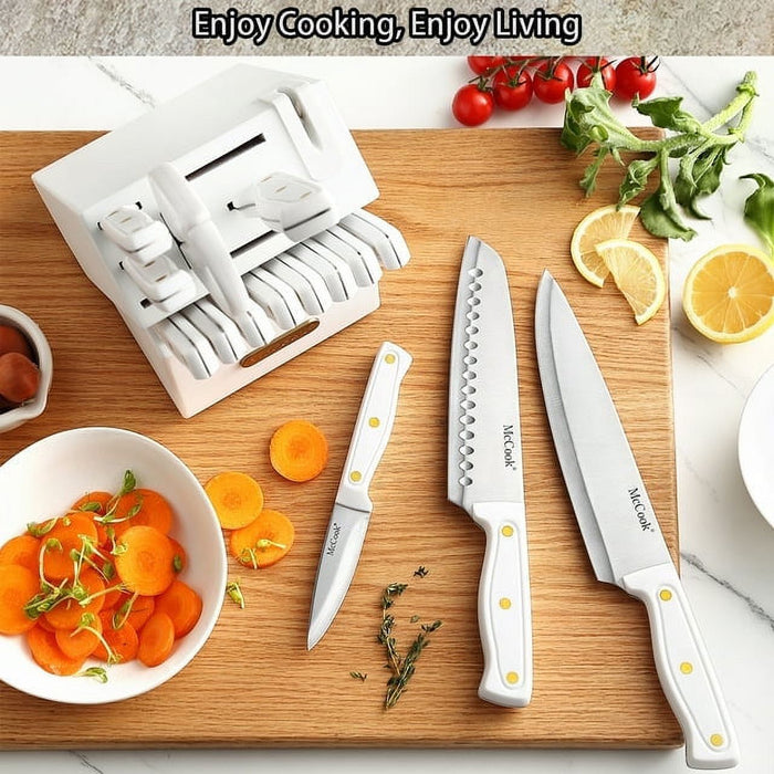 Knife set For Kitchen with Block,McCook MC703 White Kitchen Knife Sets with Built-in Sharpener,Cutlery set with Measuring Cups and Spoons For Cooking,26pcs