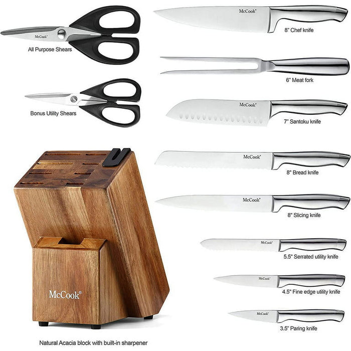 McCook MC35 11-Piece Kitchen Cutlery Knife Block Set with Built-in Sharpener Stainless Steel