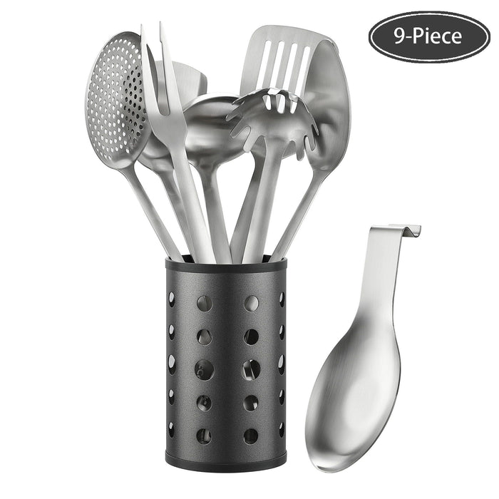 McCook Stainless Steel Kitchen Utensil Set- MC60 Cooking Utensils for Kitchen, 9-Piece Kitchen Turner, Serving Spoon, Ladle, Skimmer Spoons, Fork, Pasta Server,Spoon Rest and Holder,Silver