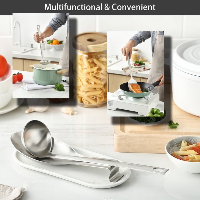 McCook Stainless Steel Kitchen Utensil Set- MC60 Cooking Utensils for Kitchen, 9-Piece Kitchen Turner, Serving Spoon, Ladle, Skimmer Spoons, Fork, Pasta Server,Spoon Rest and Holder,Silver