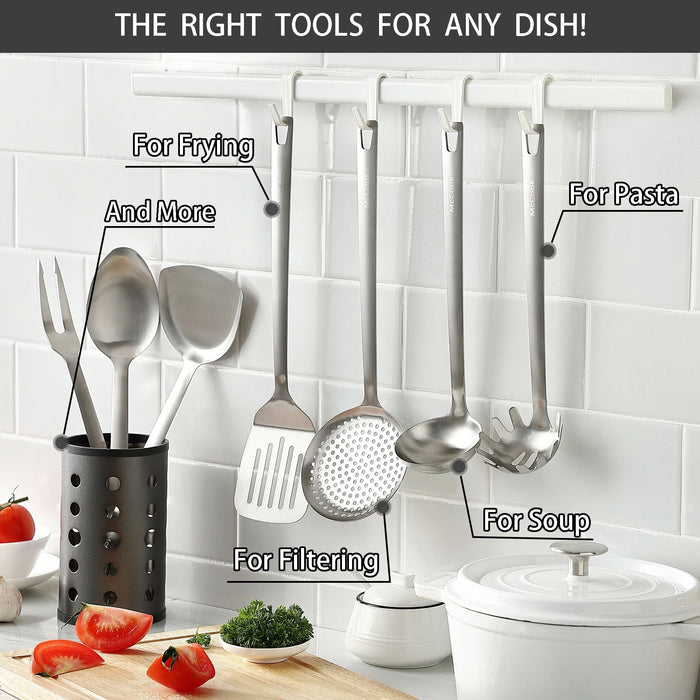 McCook Stainless Steel Kitchen Utensil Set- MC60 Cooking Utensils for Kitchen, 9-Piece Kitchen Turner, Serving Spoon, Ladle, Skimmer Spoons, Fork, Pasta Server,Spoon Rest and Holder,Silver