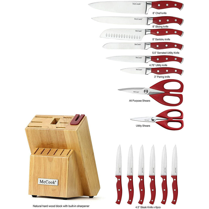 McCook MC24 15 Pieces Kitchen Knife Set with Block Knife Cutlery Set Built-in Sharpener