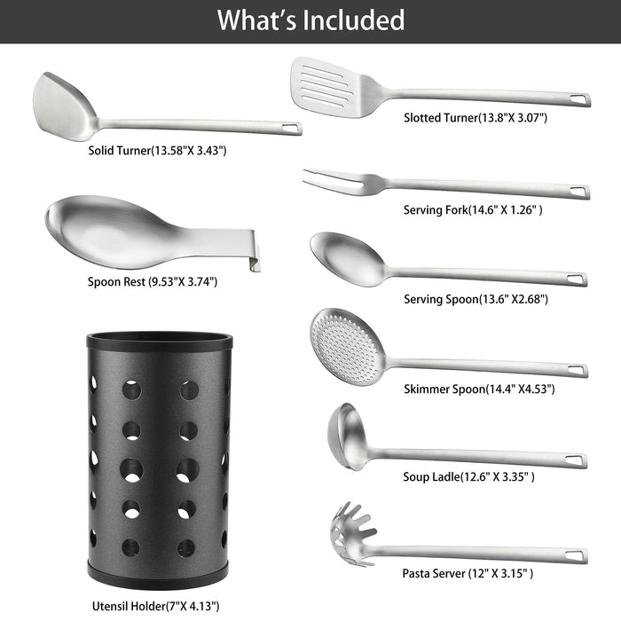 (2 pack) McCook Stainless Steel Kitchen Utensil Set- MC60 Cooking Utensils for Kitchen, 9-Piece Kitchen Turner, Serving Spoon, Ladle, Skimmer Spoons, Fork, Pasta Server,Spoon Rest and Holder,Silver