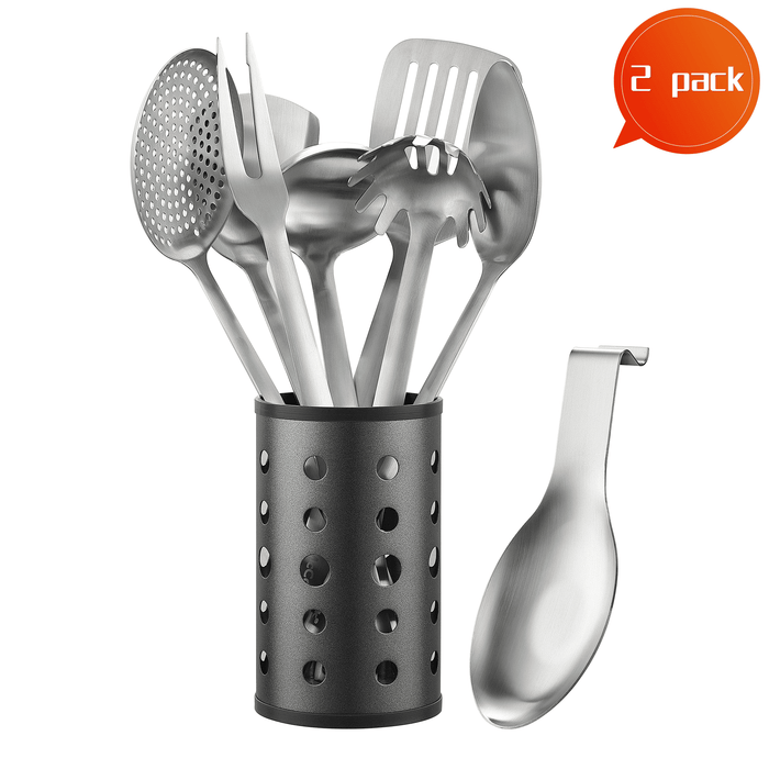 (2 pack) McCook Stainless Steel Kitchen Utensil Set- MC60 Cooking Utensils for Kitchen, 9-Piece Kitchen Turner, Serving Spoon, Ladle, Skimmer Spoons, Fork, Pasta Server,Spoon Rest and Holder,Silver