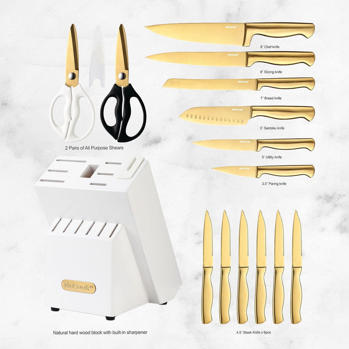 McCook MC21G Knife Sets,15 Pieces Golden Titanium Kitchen Knife Block Sets with Built-in Sharpener