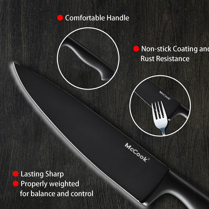 McCook MC21B Black Knife Set, 15 PCS High Carbon One Piece Forged Stainless Steel Kitchen Knife Set, Knife Set with Block and Built-in Sharpener ,6 Pcs Steak Knives