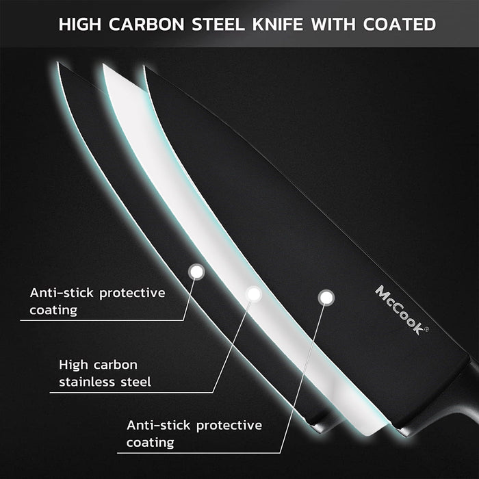 McCook MC21B Black Knife Set, 15 PCS High Carbon One Piece Forged Stainless Steel Kitchen Knife Set, Knife Set with Block and Built-in Sharpener ,6 Pcs Steak Knives
