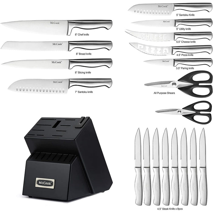 McCook MC69B Knife Sets,20 Pieces German Stainless Kitchen Knife Set with Built-in Sharpener,One Piece Design Knife Set with Block, Black