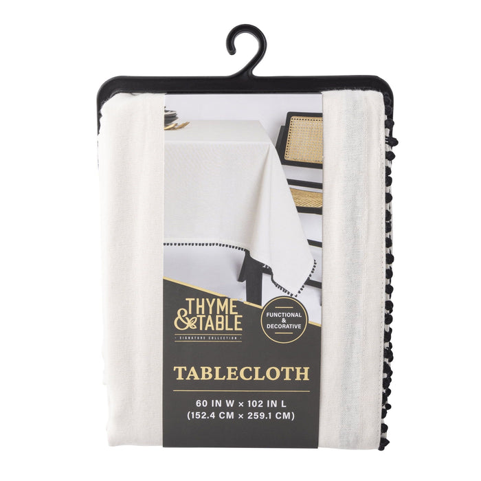 Thyme & Table 102" Tablecloth, Ivory Pom