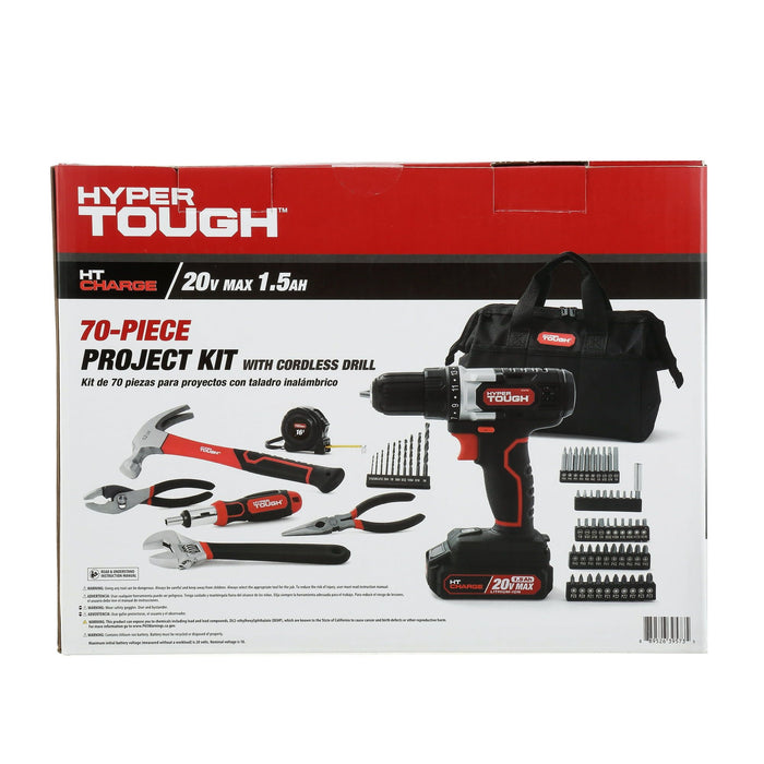 Hyper Tough 20V Max Lithium-Ion 3/8 inch Cordless Drill, 70-Piece Home Tool Set, 1.5Ah Lithium-Ion Battery & Charger, Bit Holder, & Storage Bag