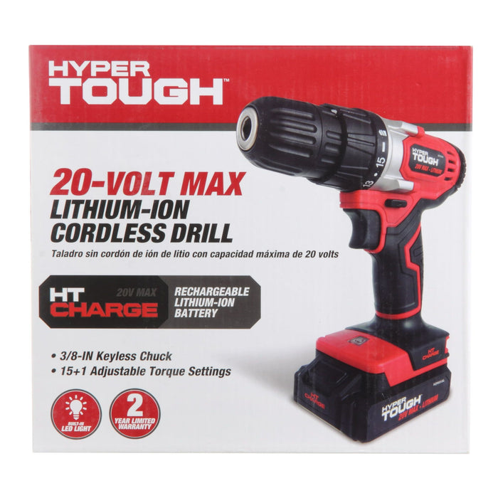 Hyper Tough 20V Max Lithium-ion Cordless Drill, 3/8 inch Chuck, Variable Speed, with 1.5Ah Lithium-ion Battery and Charger, Bit Holder & LED Light