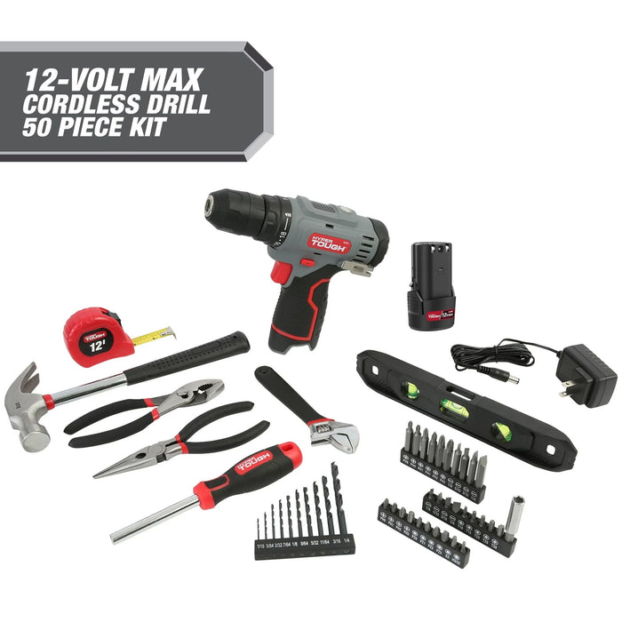 Hyper Tough 12V Max Lithium-Ion Cordless 3/8-inch Drill Driver 50-Piece Project Kit and 1.5Ah Battery, 99312