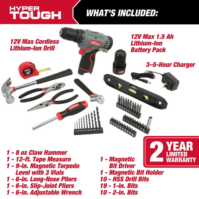 Hyper Tough 12V Max Lithium-Ion Cordless 3/8-inch Drill Driver 50-Piece Project Kit and 1.5Ah Battery, 99312